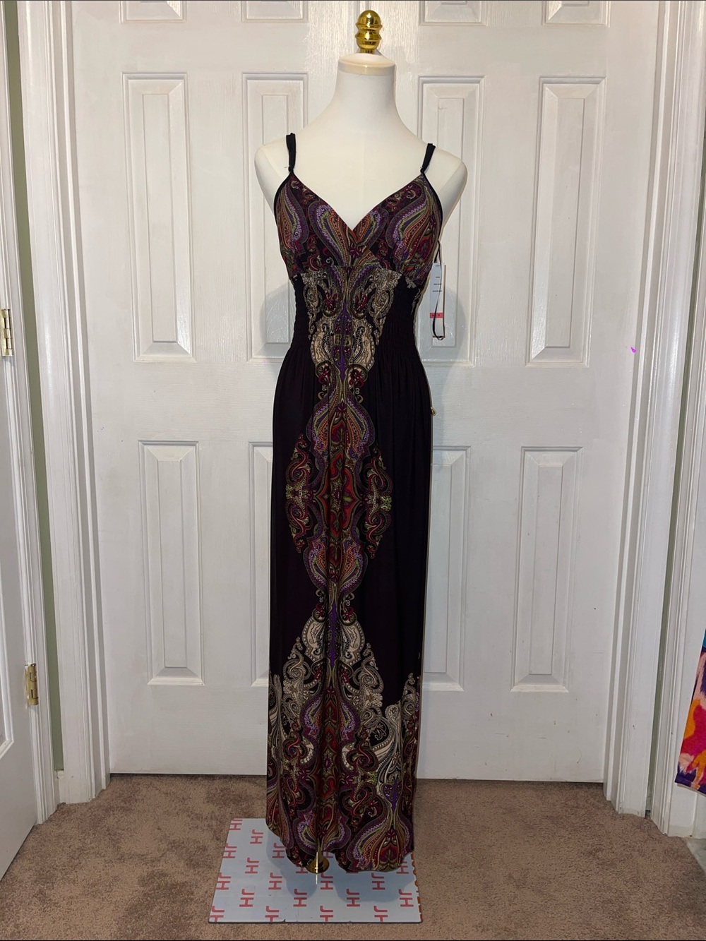 Snap Black Maxi Dress with Purple and Red Paisley Center Panel